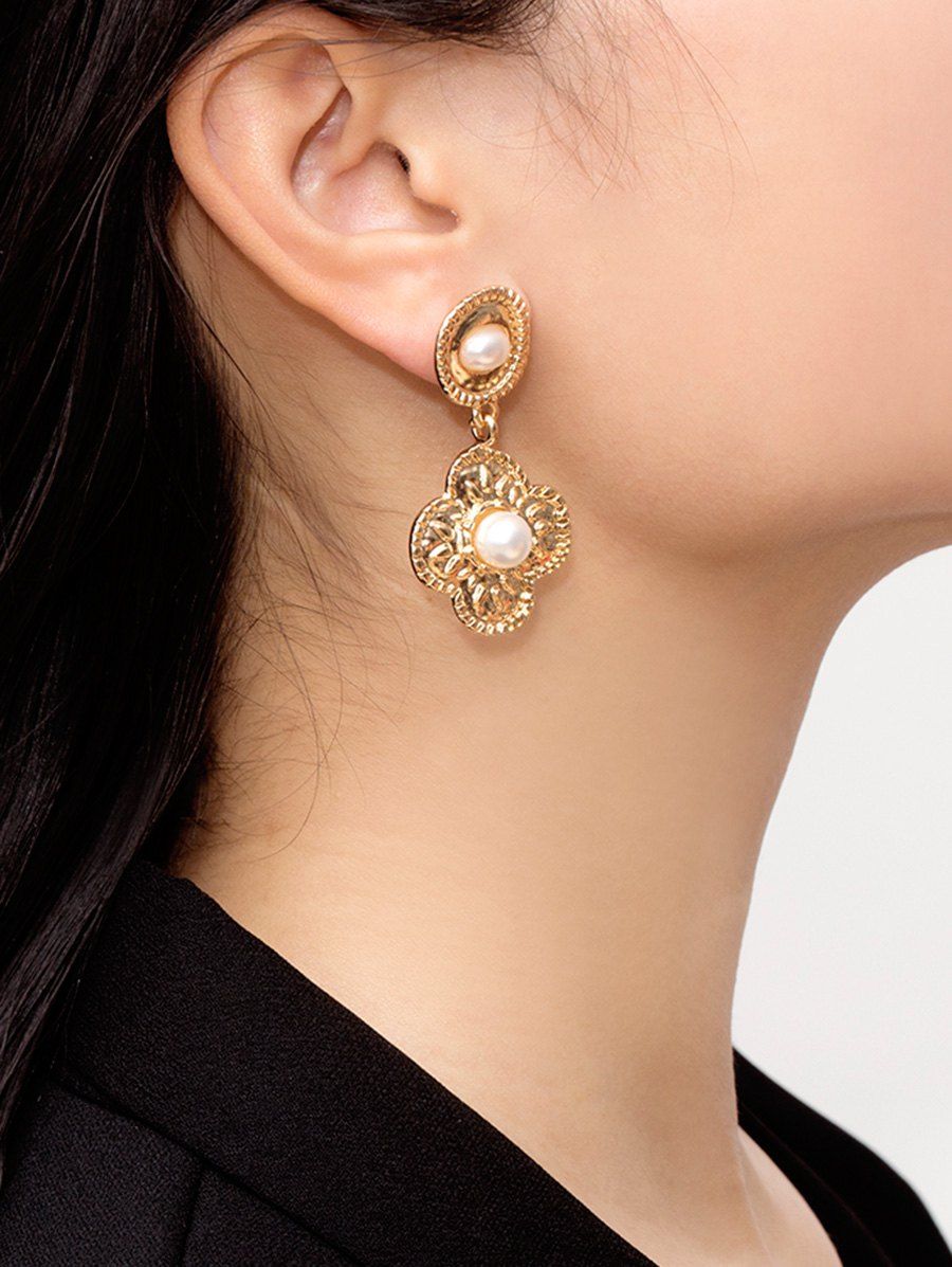 

Floral Faux Pearl Drop Earrings, Gold