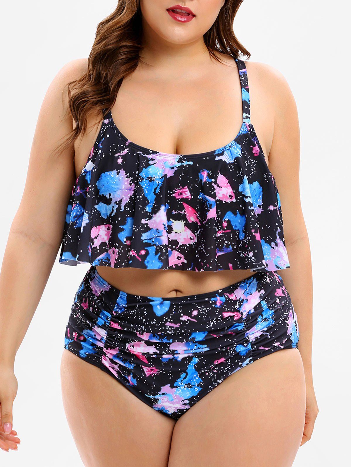 

Printed Ruffle Trim Plus Size Bikini Set, Black