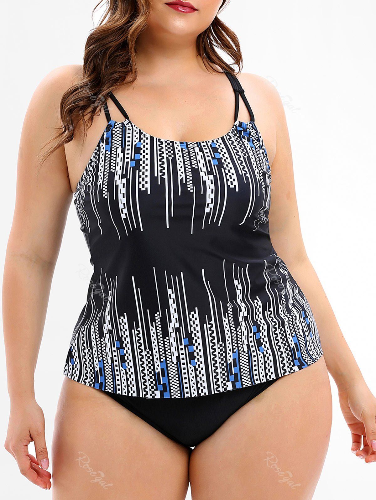 

Geometric Plus Size Tankini Set, Black