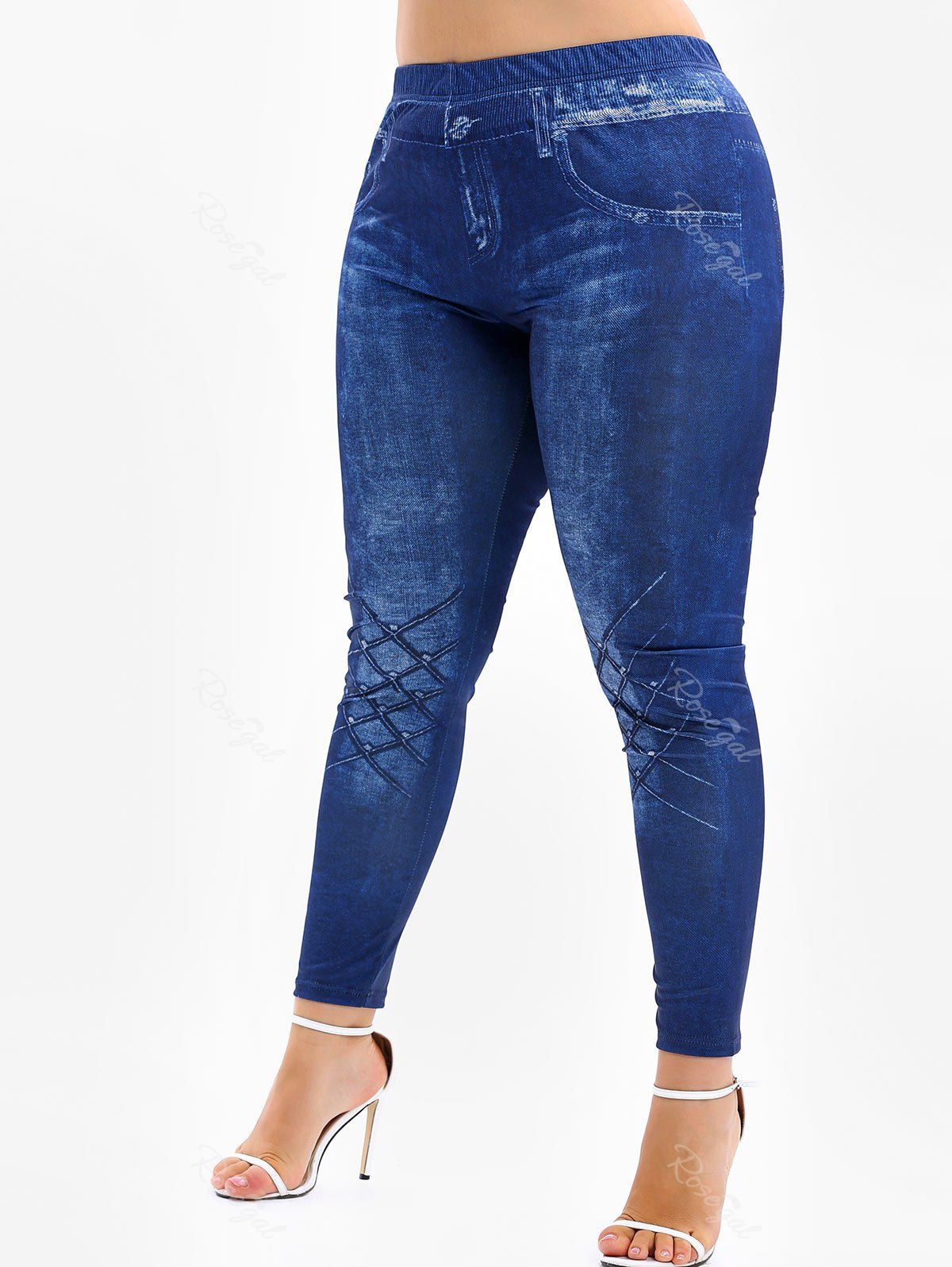 

High Rise 3D Jean Print Plus Size Skinny Leggings, Cobalt blue