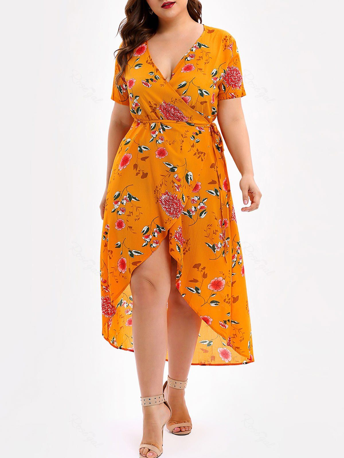 [29% OFF] Plus Size High Low Floral Midi Wrap Dress | Rosegal
