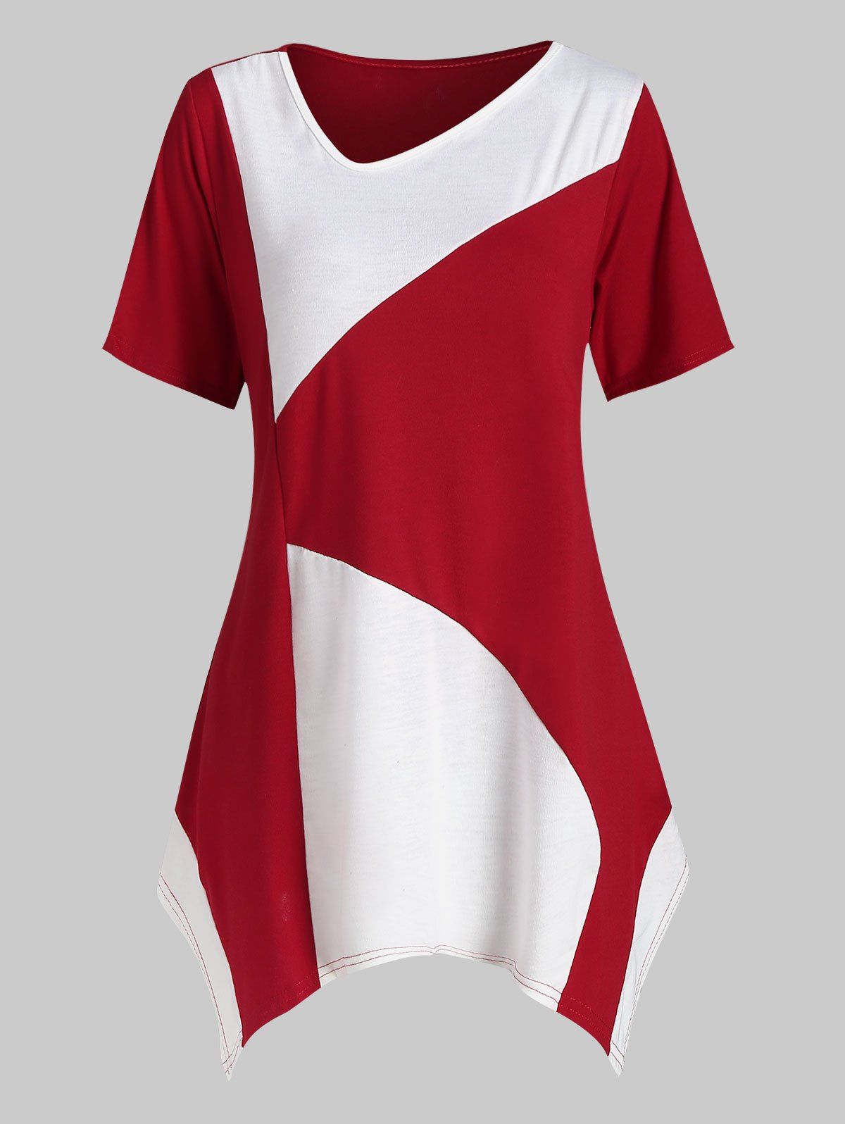 

Asymmetrical Two Tone Casual T-shirt, Cherry red