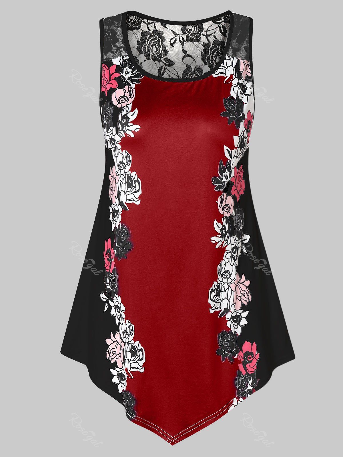 

Plus Size Floral Tank Top with Lace, Red wine