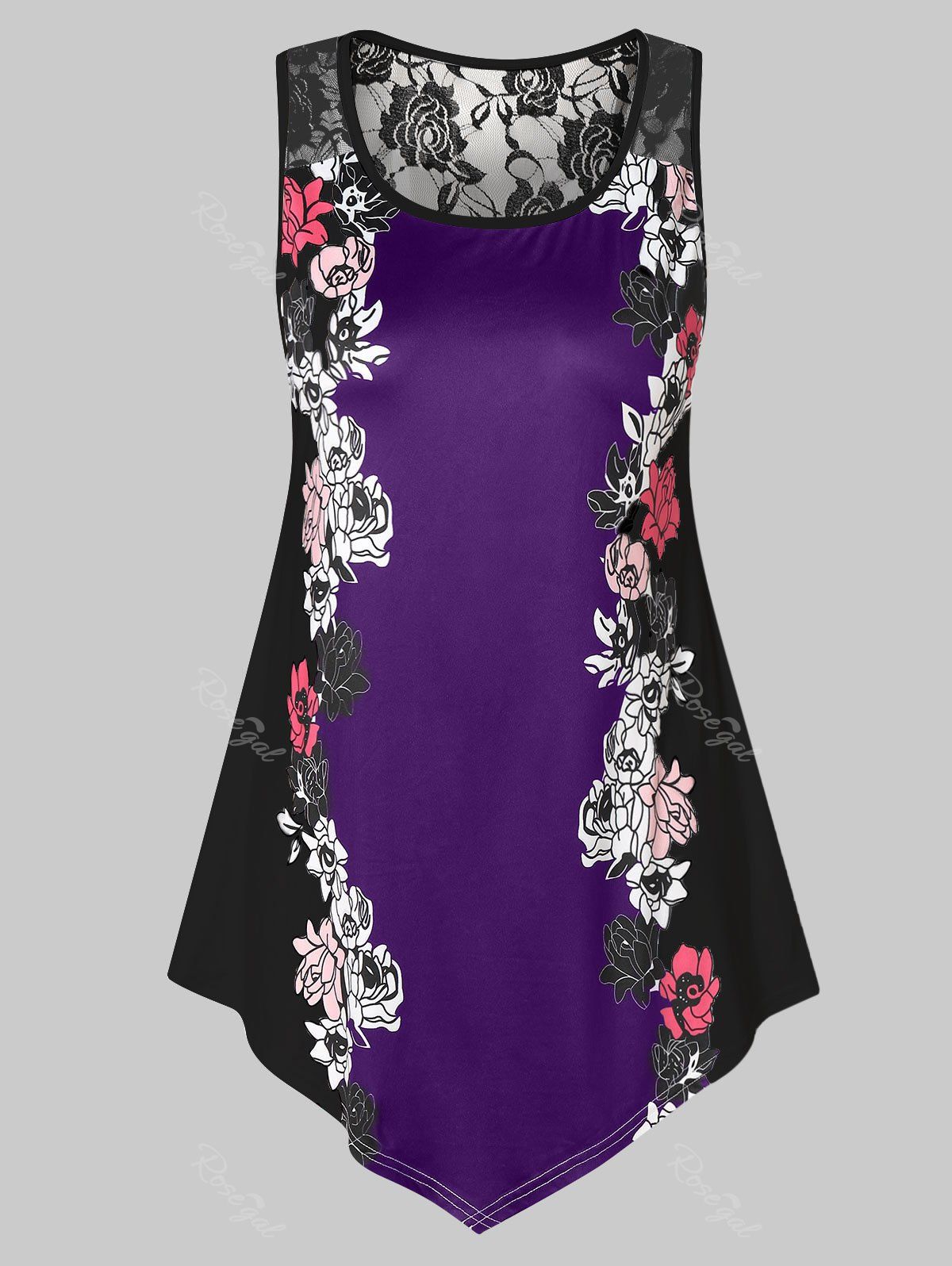 

Plus Size Floral Tank Top with Lace, Purple amethyst