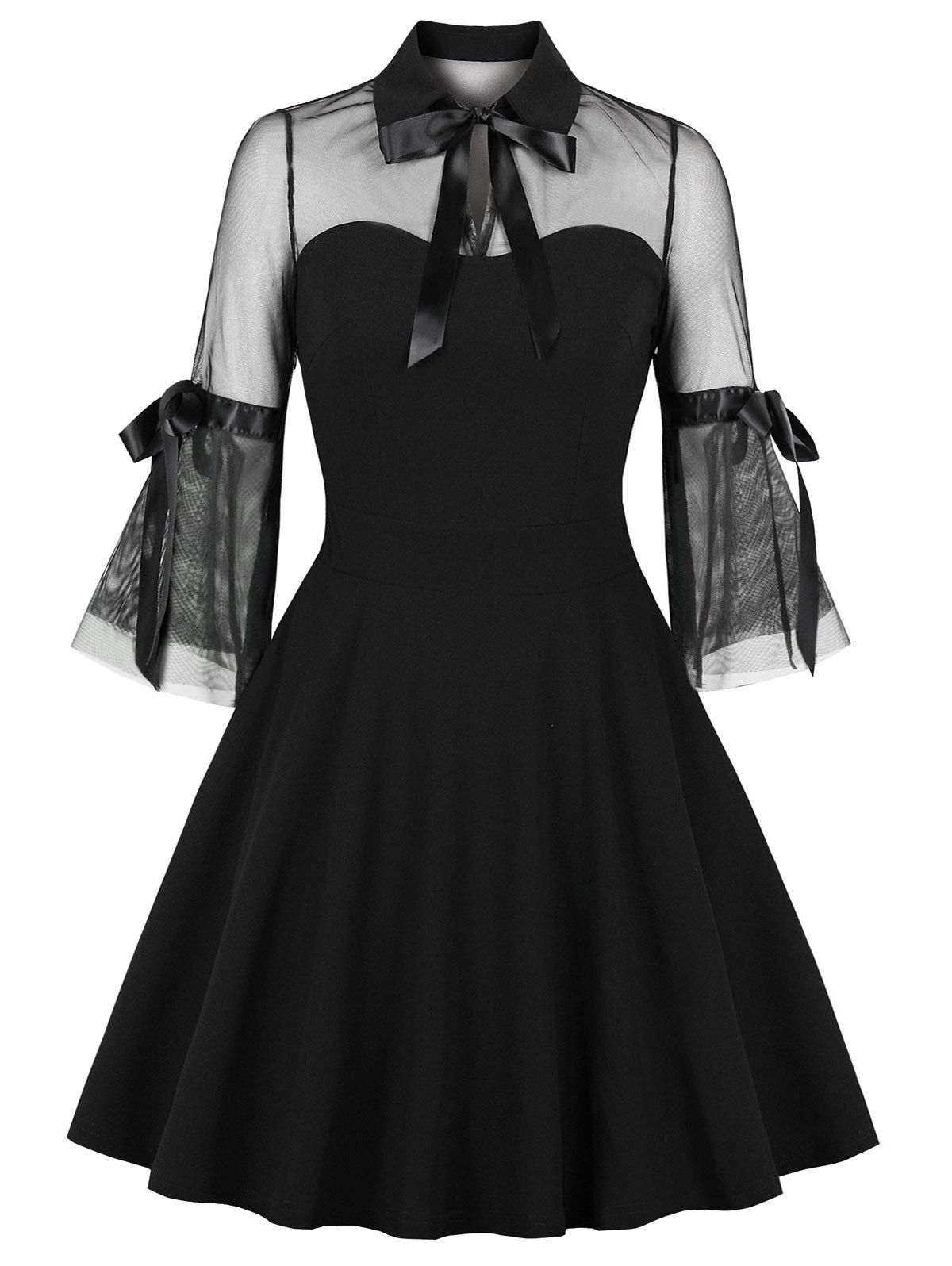 

Three Quarter Sleeve Mesh Panel Dress, Black