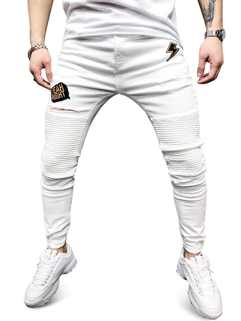 

Letter Embroidery Casual Ripped Jeans, White