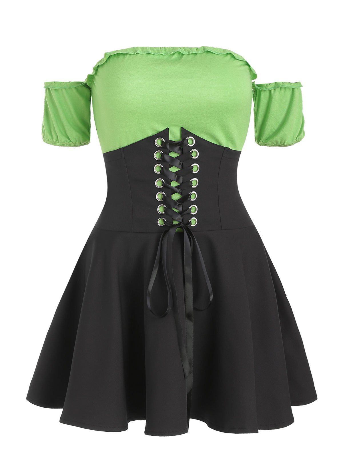 

Off Shoulder Lace Up Skirt Set, Algae green