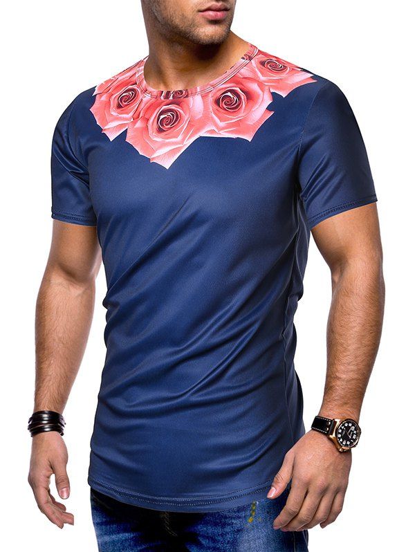 

Rose Flowers Print Collar Short Sleeves T-shirt, Cadetblue