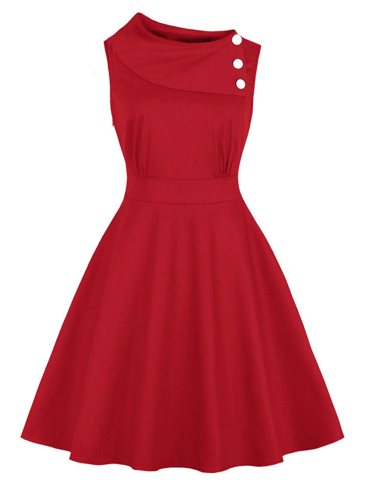 

Button Turn Down Collar A Line Dress, Red