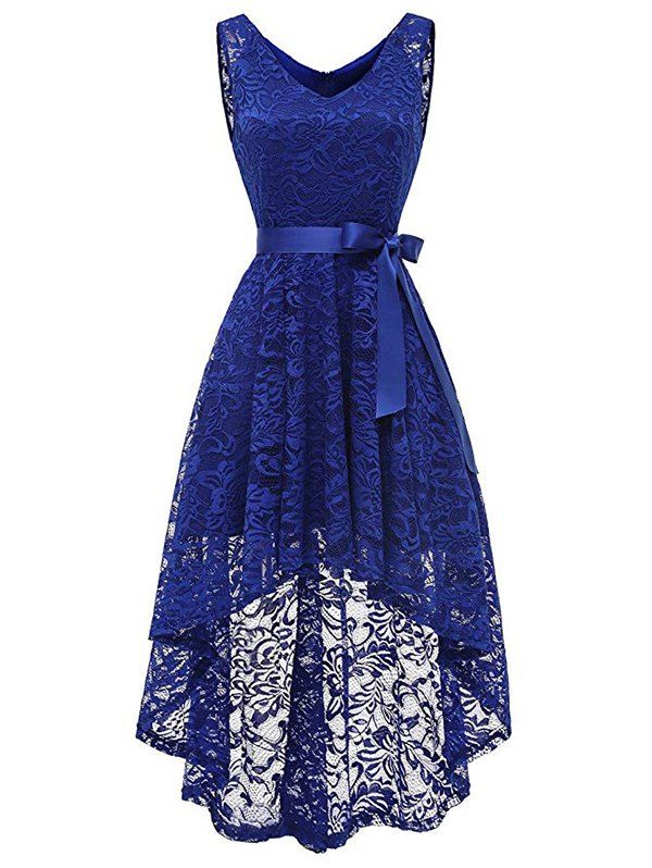 

V Neck Sleeveless High Low Lace Dress, Cobalt blue