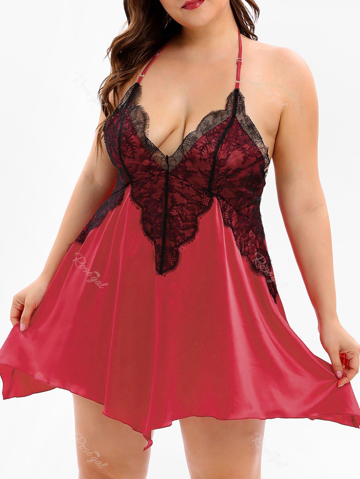 

Plus Size LaceInsert Cut Out Babydoll, Cherry red