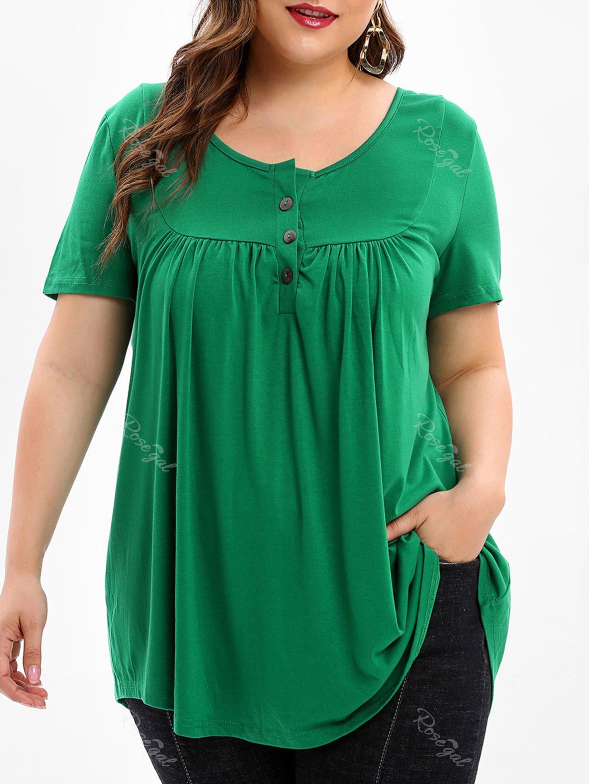 

Round Neck Plus Size Button Detail T-shirt, Green
