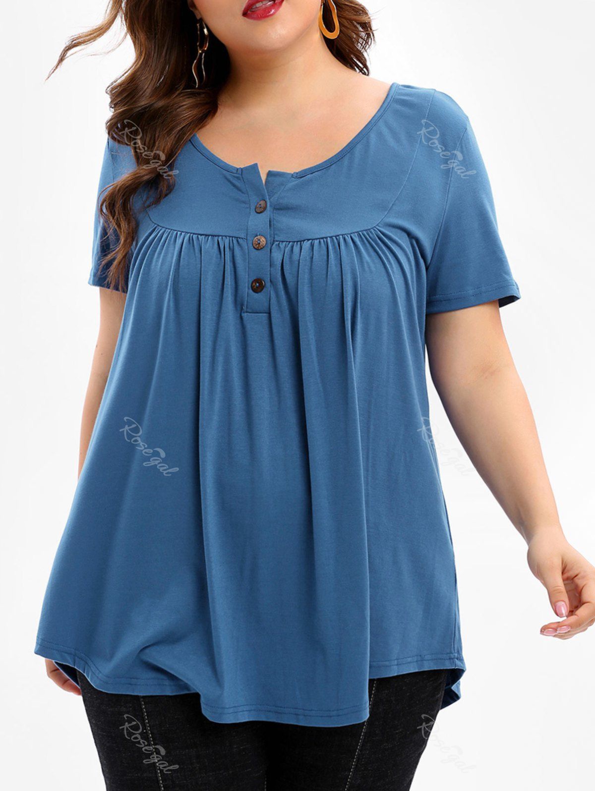 

Round Neck Plus Size Button Detail T-shirt, Blue