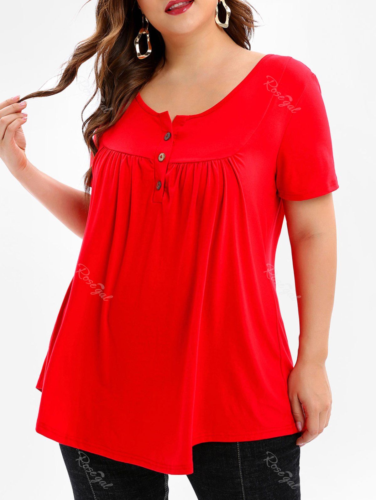 

Round Neck Plus Size Button Detail T-shirt, Red