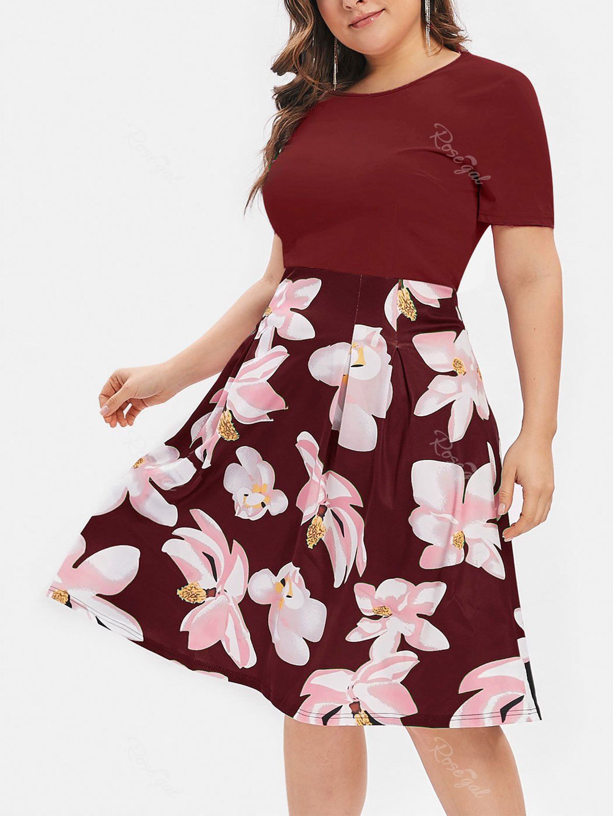 

Flower Plus Size Midi A Line Dress, Red wine