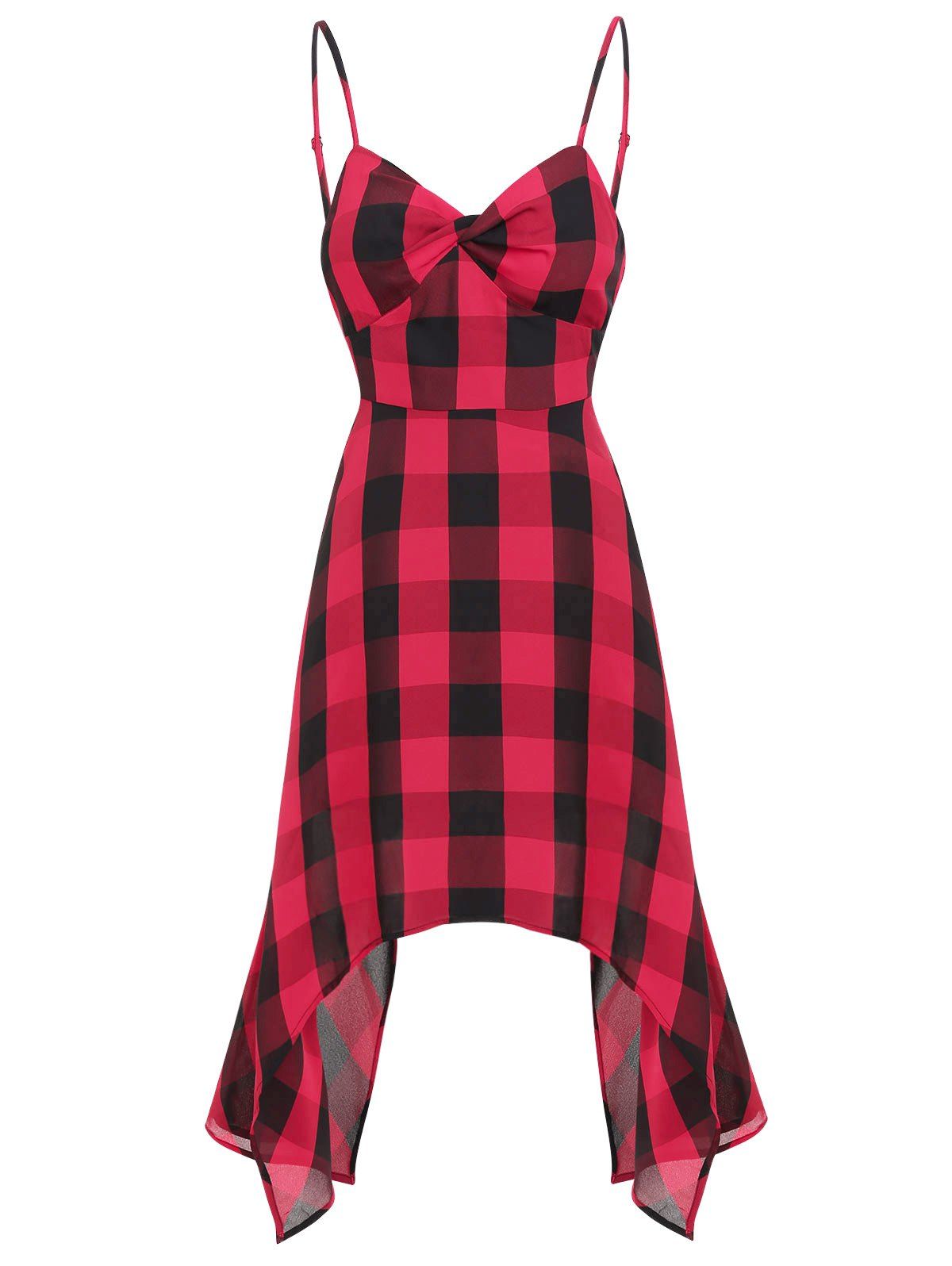 

Plaid Twist Front Cami Asymmetric Dress, Red