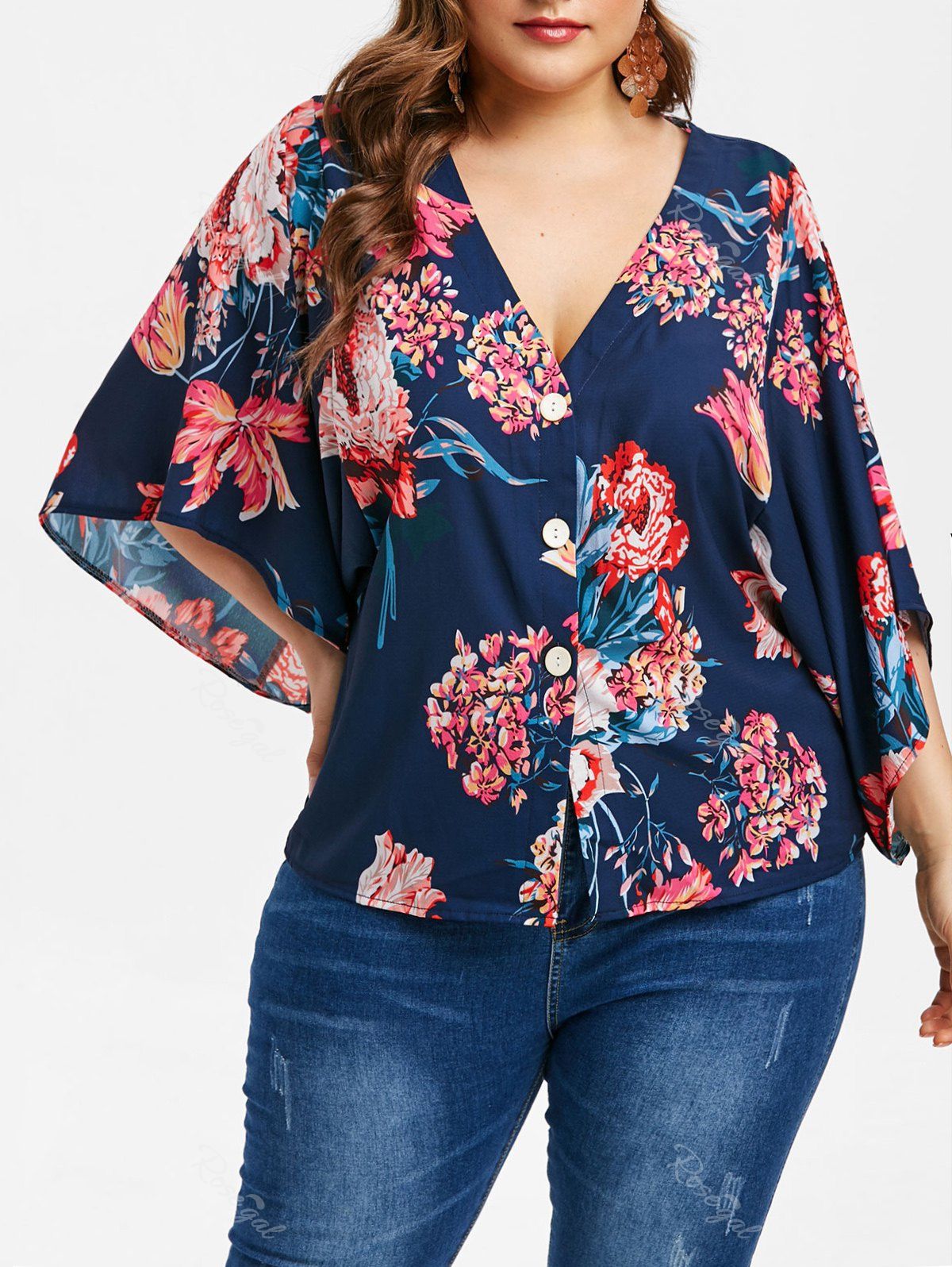 

Floral Print Plus Size Button Up Shirt, Multi-b