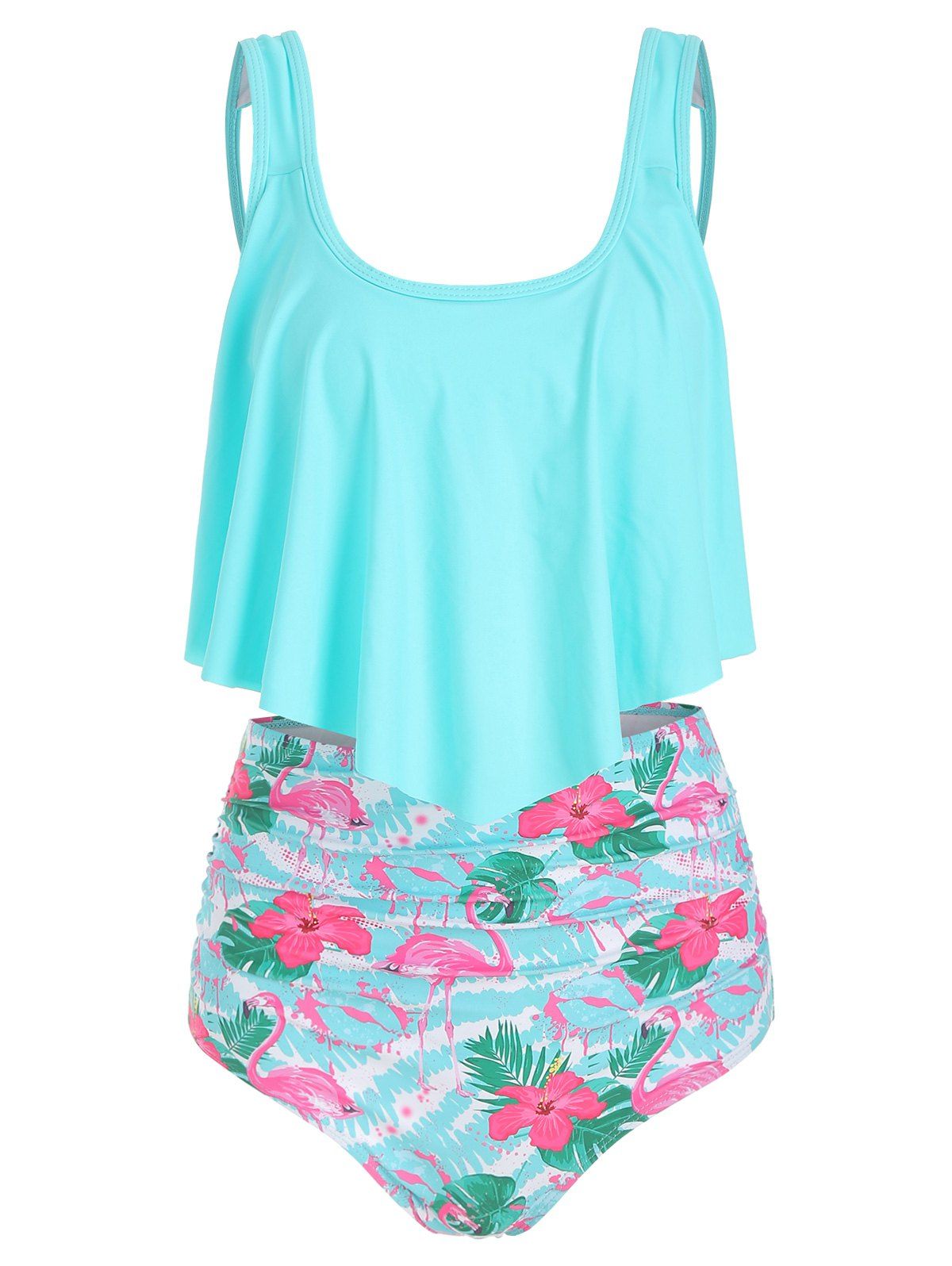 

Flamingo Print High Waist Tankini Set, Aquamarine