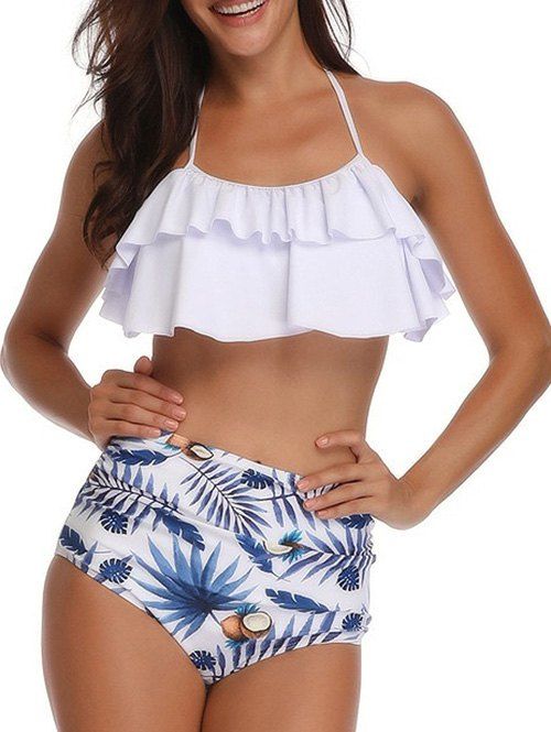 

Coconut Leaves Print Ruched Overlay Bikini Set, White