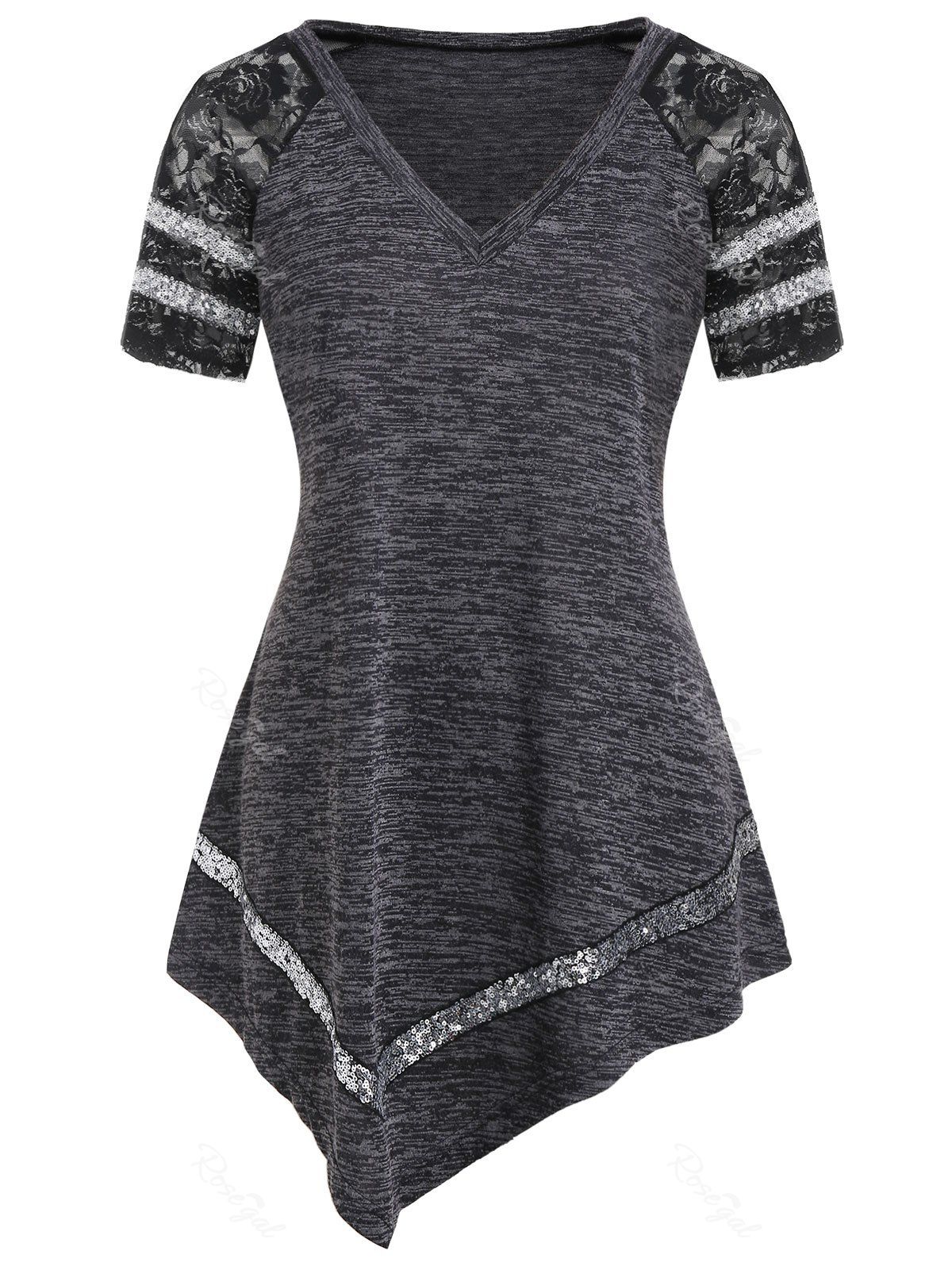 

Plus Size Lace Insert Sequined T Shirt, Ash gray