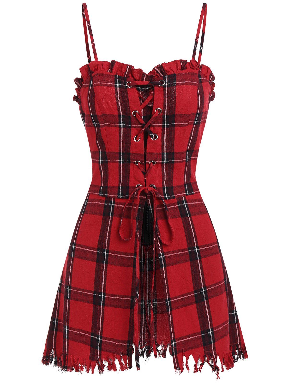 

Plaid Lace-up Cami Frayed Blouse, Lava red