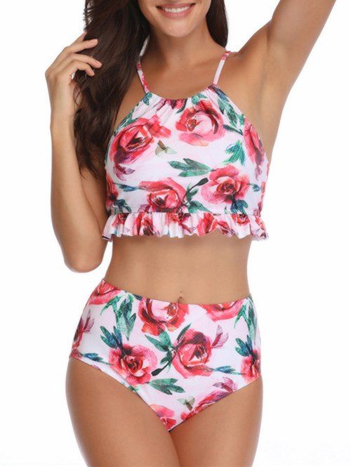 

Criss Cross Floral Print Ruffles Bikini Set, White