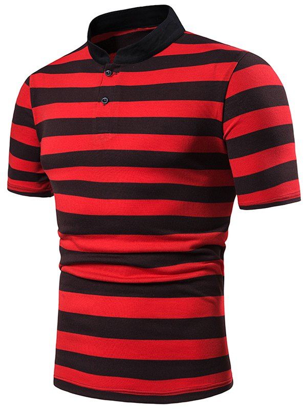 

Half Button Wide Striped T Shirt, Red