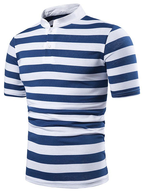 

Half Button Wide Striped T Shirt, Navy blue