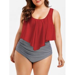 

Ruffle Trim Plus Size Striped Tankini Set, Lava red