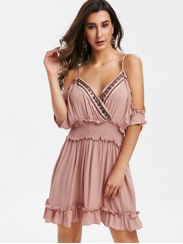 

Cold Shoulder Flounced Mini Surplice Dress, Khaki rose