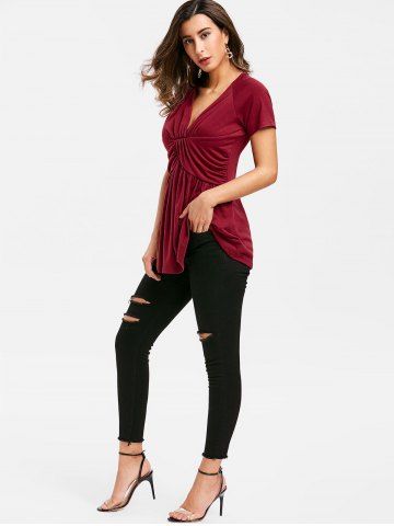 

V Neck Ruched Longline Skirted Tee, Red wine