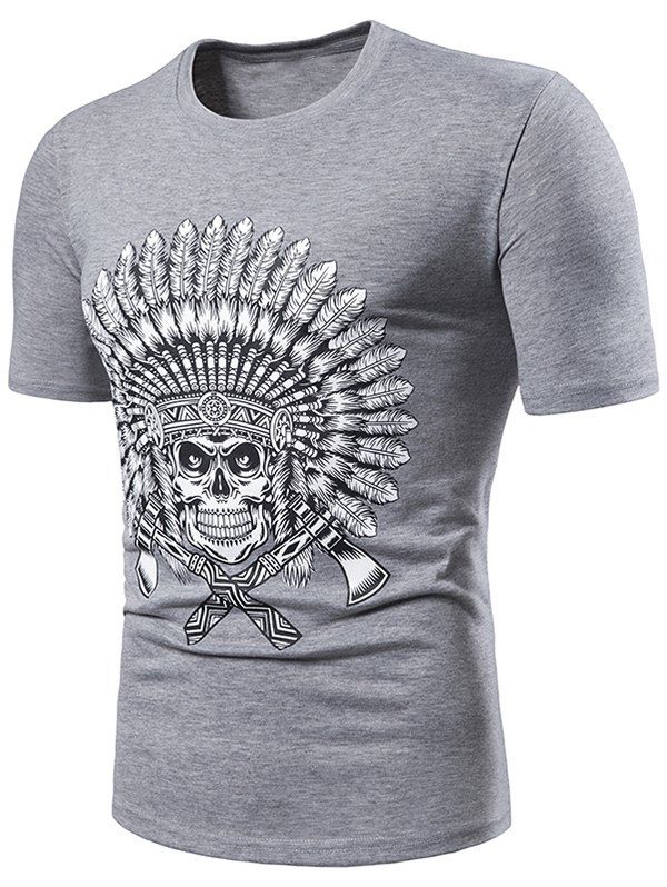 Indian Skull Print Short Sleeve T Shirt, Gray