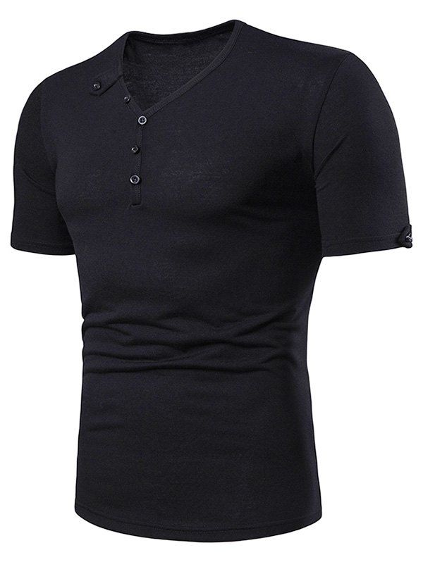 

V Neck Henley Short Sleeve T Shirt, Black