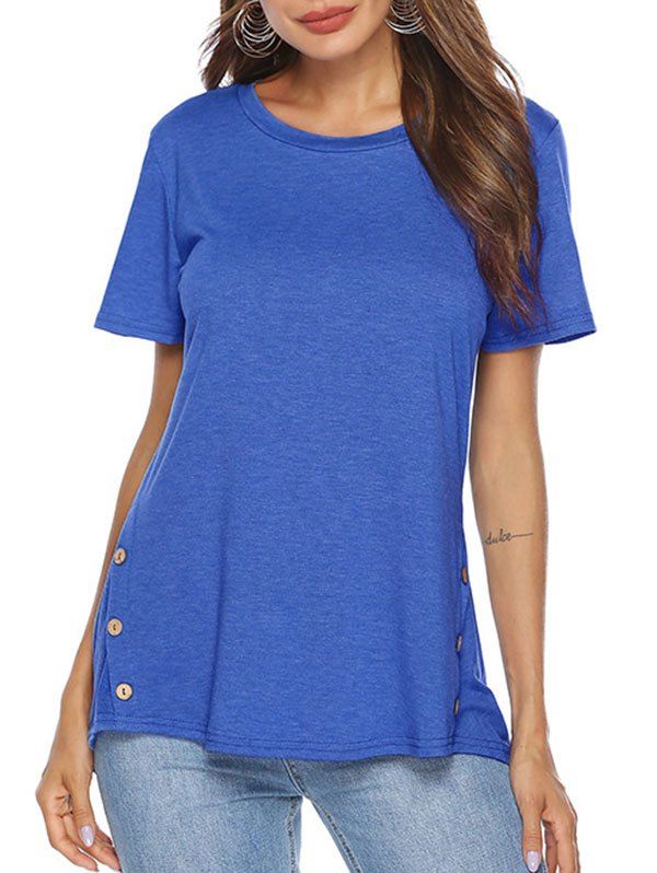 

High Low Button Embellished T-shirt, Silk blue