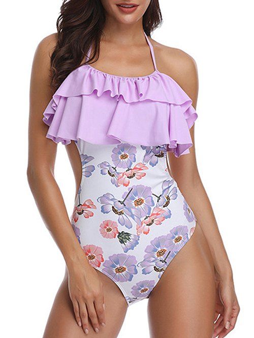 

Floral Print Knotted Back Halter Swimsuit, Mauve