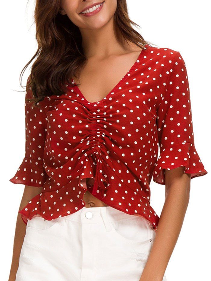 

Polka Dot V Neck Ruffle Blouse, Red wine