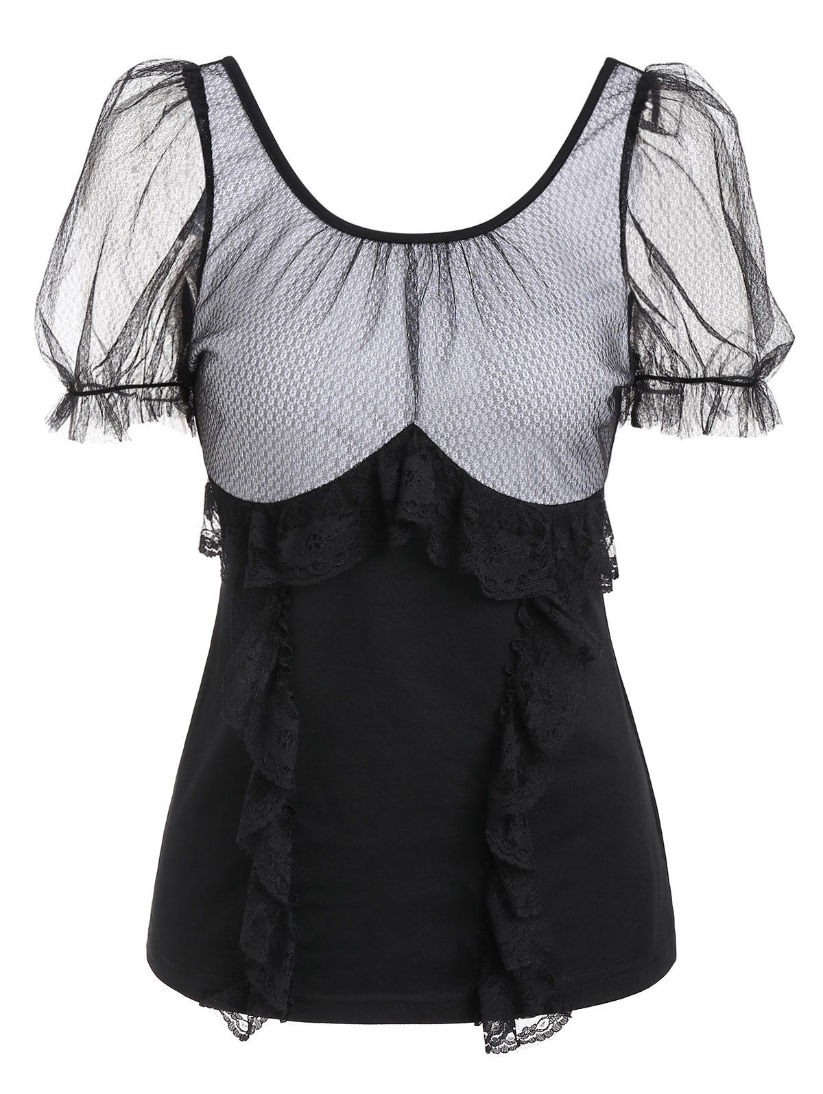 

Mesh Lace Panel Ruffles Tee, Black