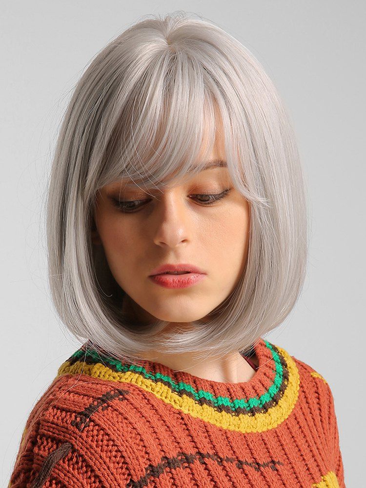 

Bob Straight Side Bang Solid Medium Synthetic Wig, Gray
