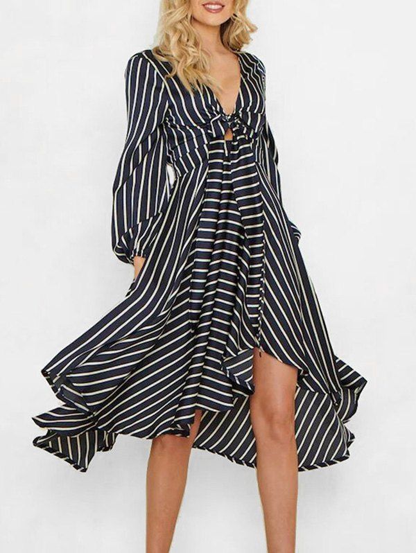 

V Neck Knotted Striped Long Sleeve Dress, Midnight blue
