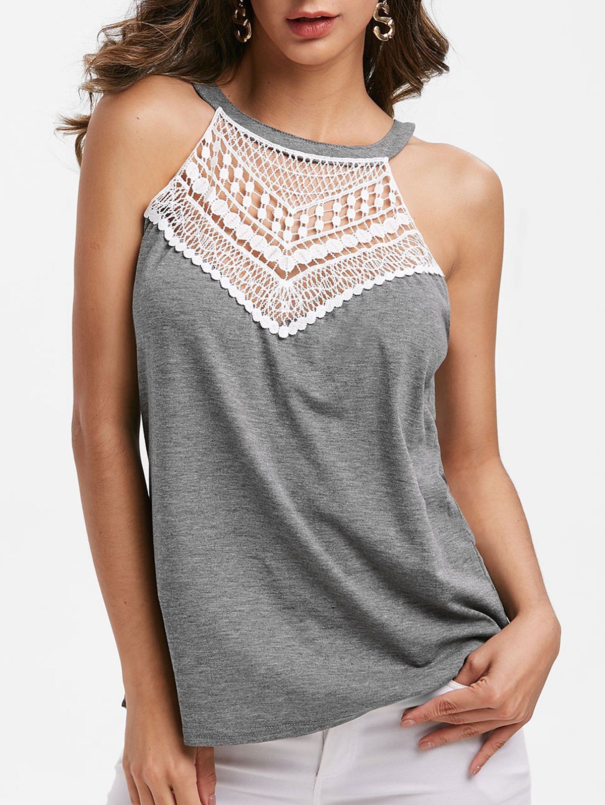 

Round Neck Lace Panel Tank Top, Gray
