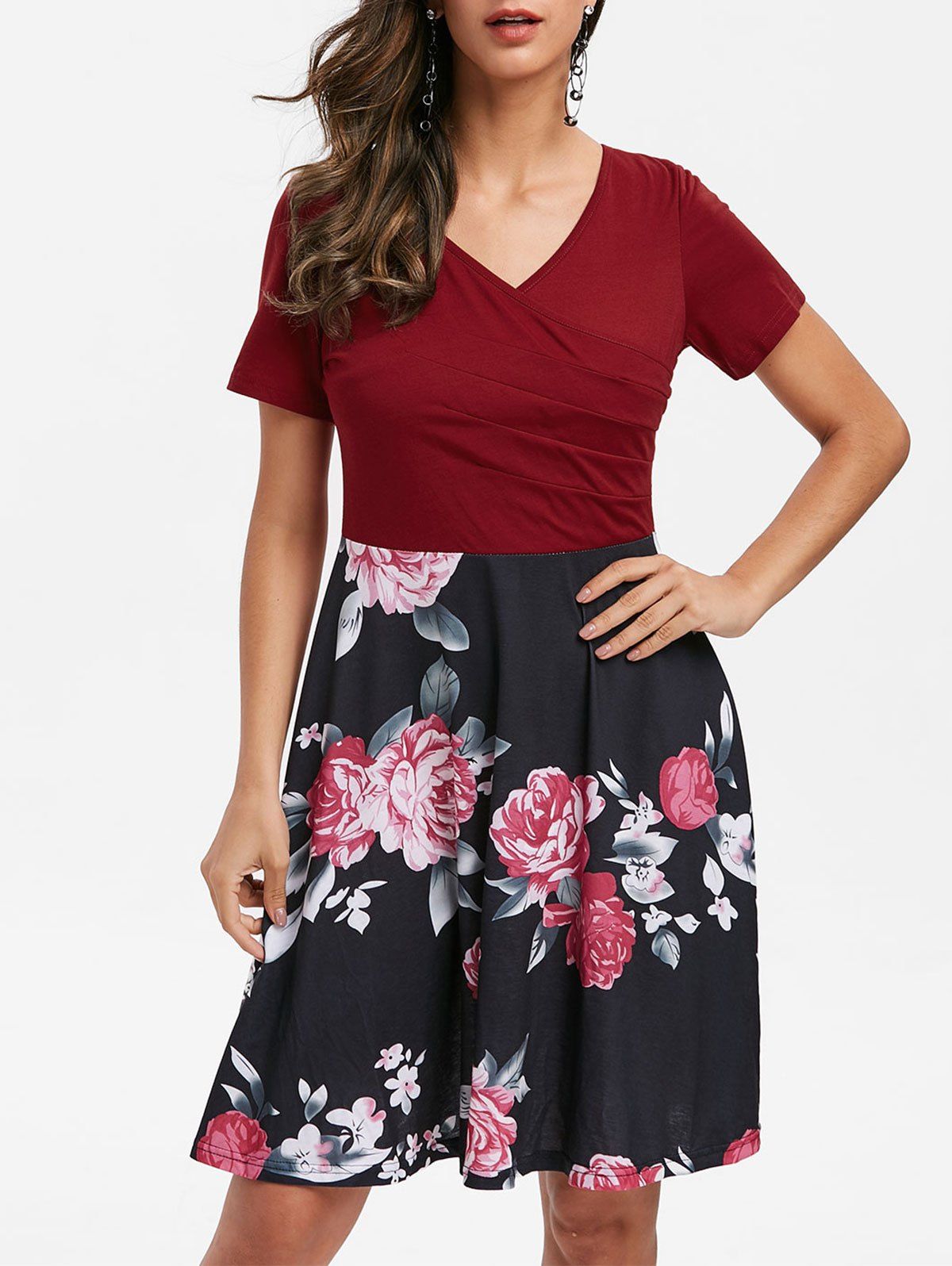 

Floral Print Wrap A Line Dress, Red wine