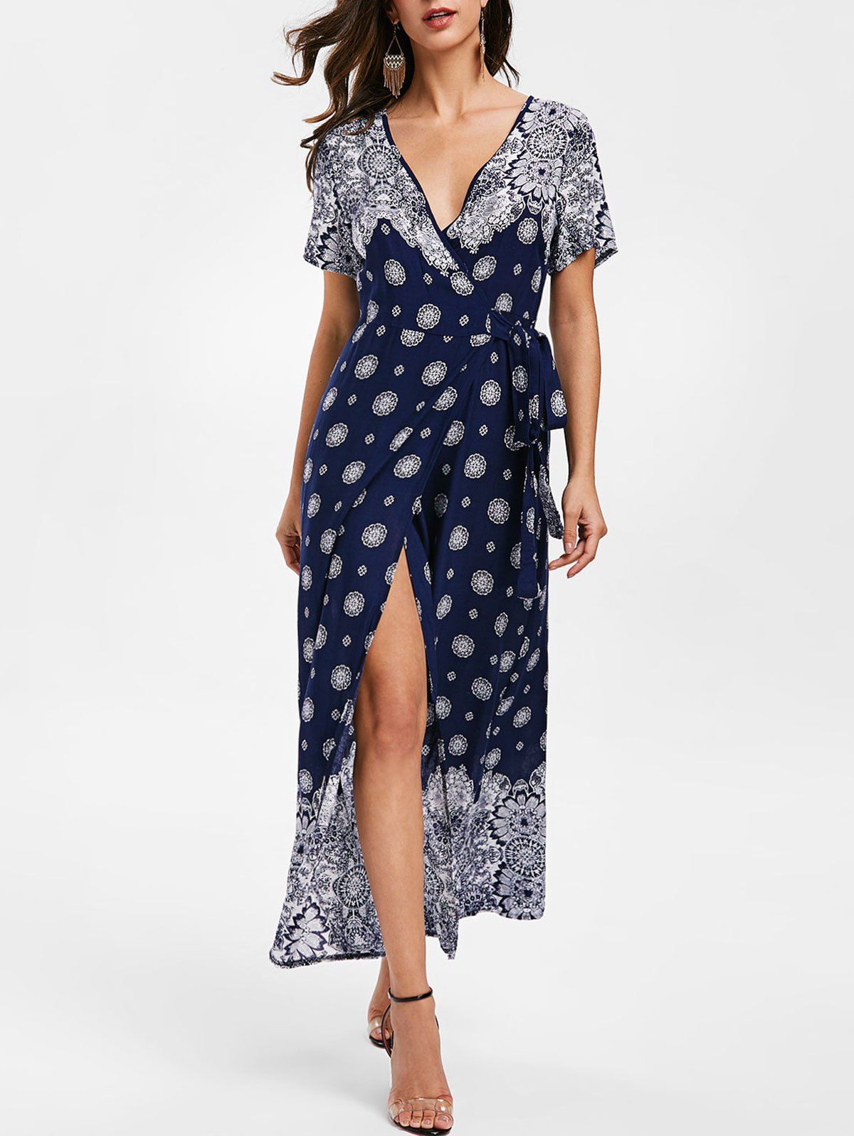 

Flower Plunging Wrap Dress, Deep blue