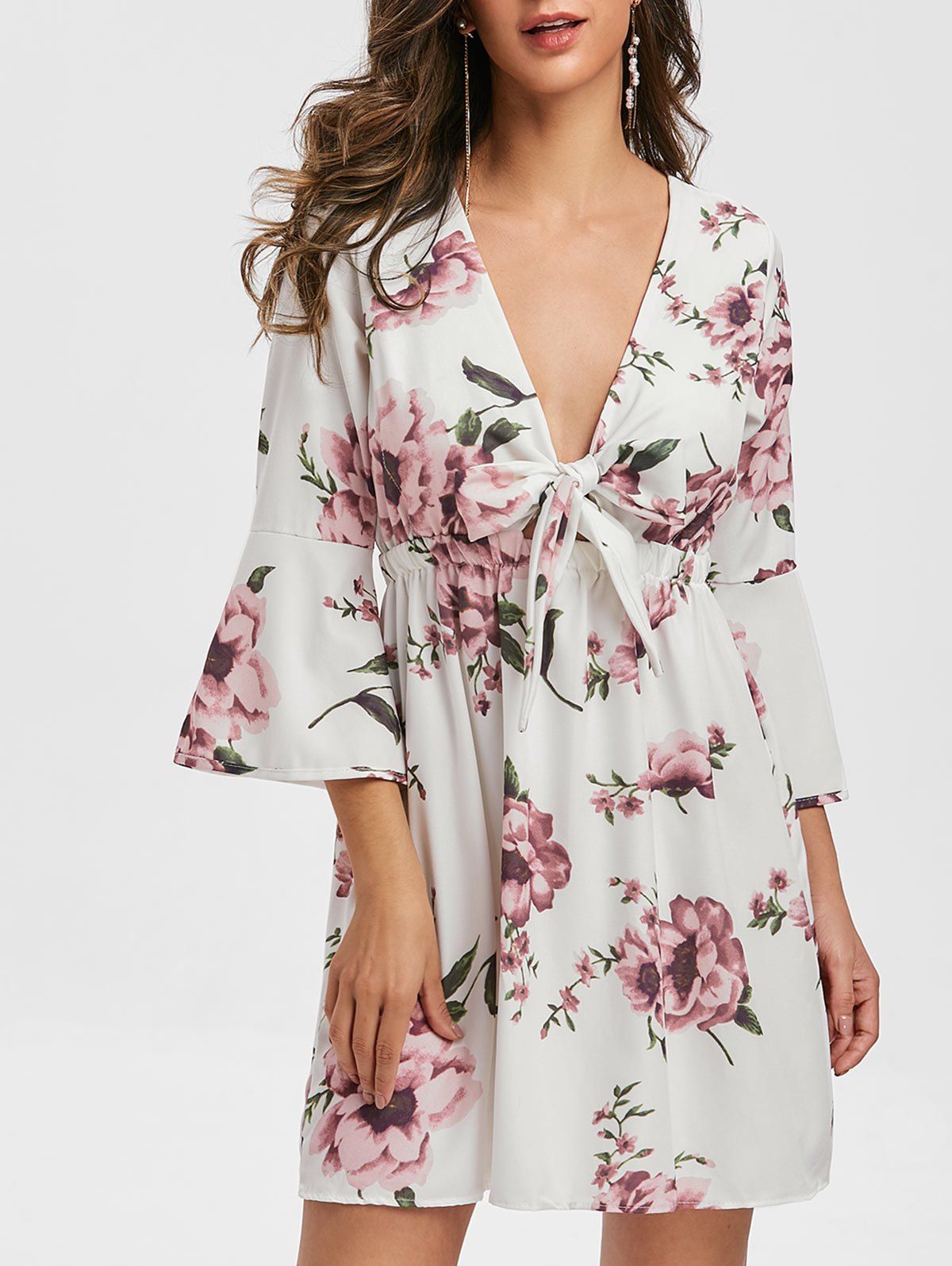 

Knotted Floral Print Flare Sleeve Dress, White
