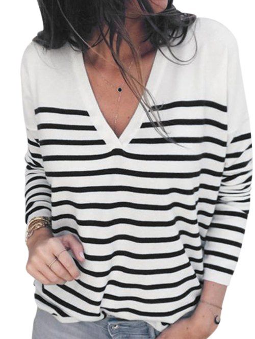 

Drop Shoulder V Neck Striped Tee, White