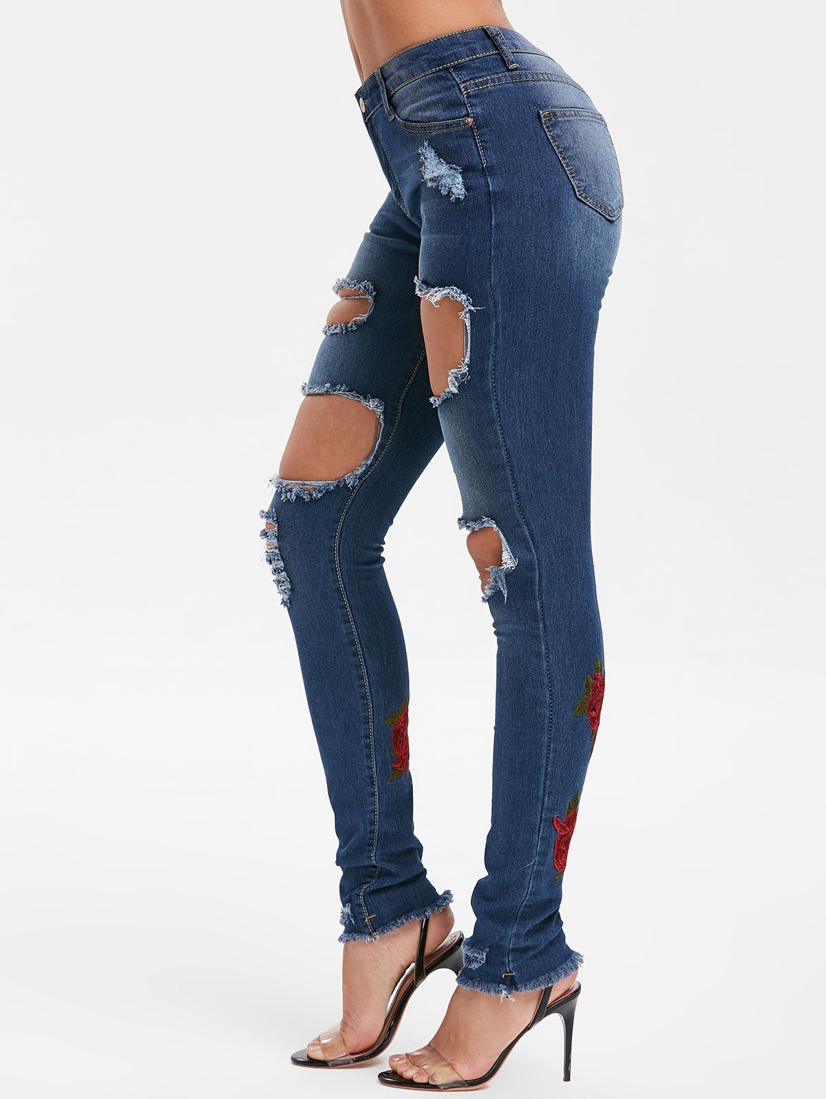 

Ripped Embroidery Floral High Waist Jeans, Denim dark blue