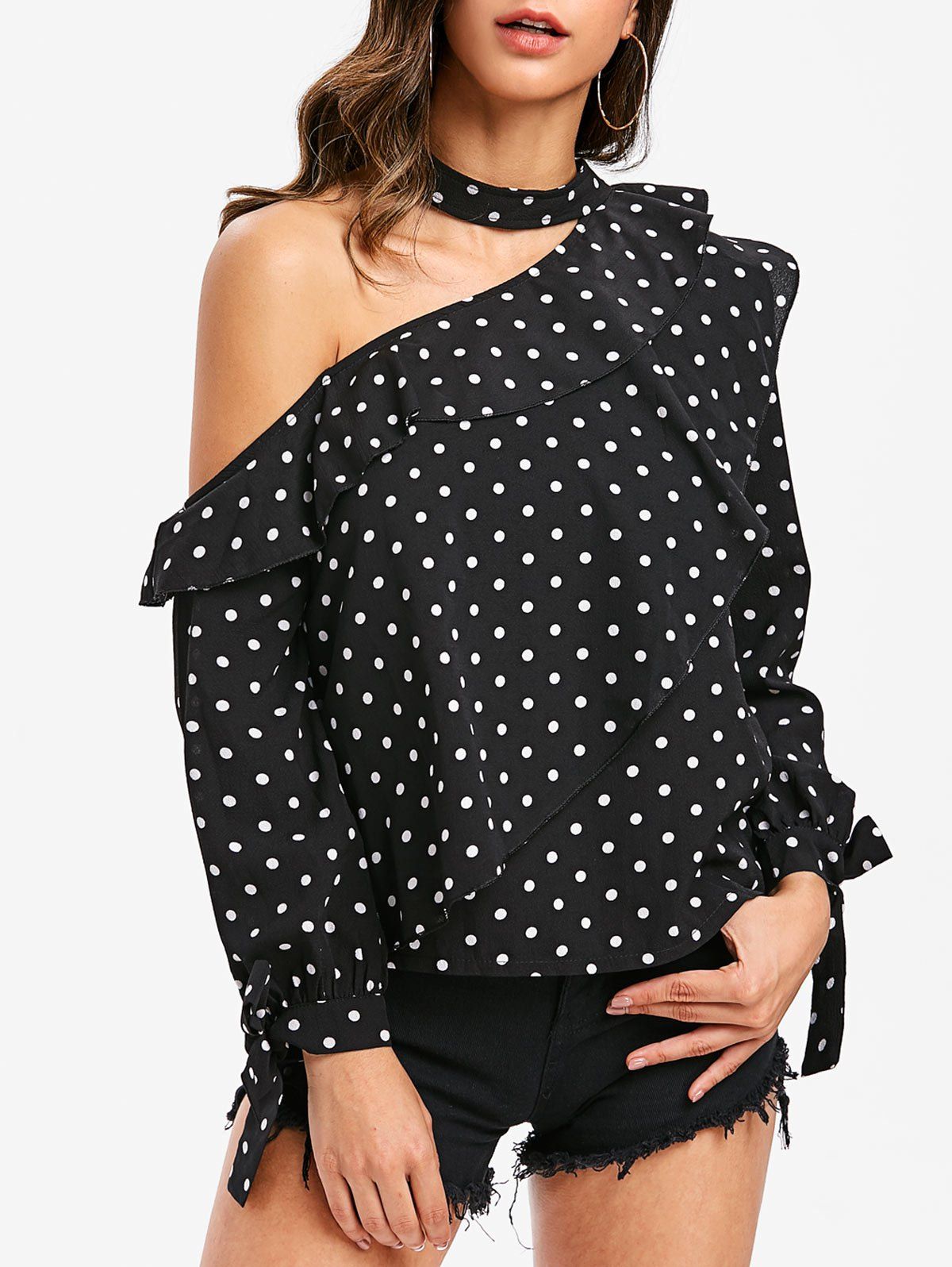 

Knotted Sleeves Ruffles Polka Dot Blouse, Black