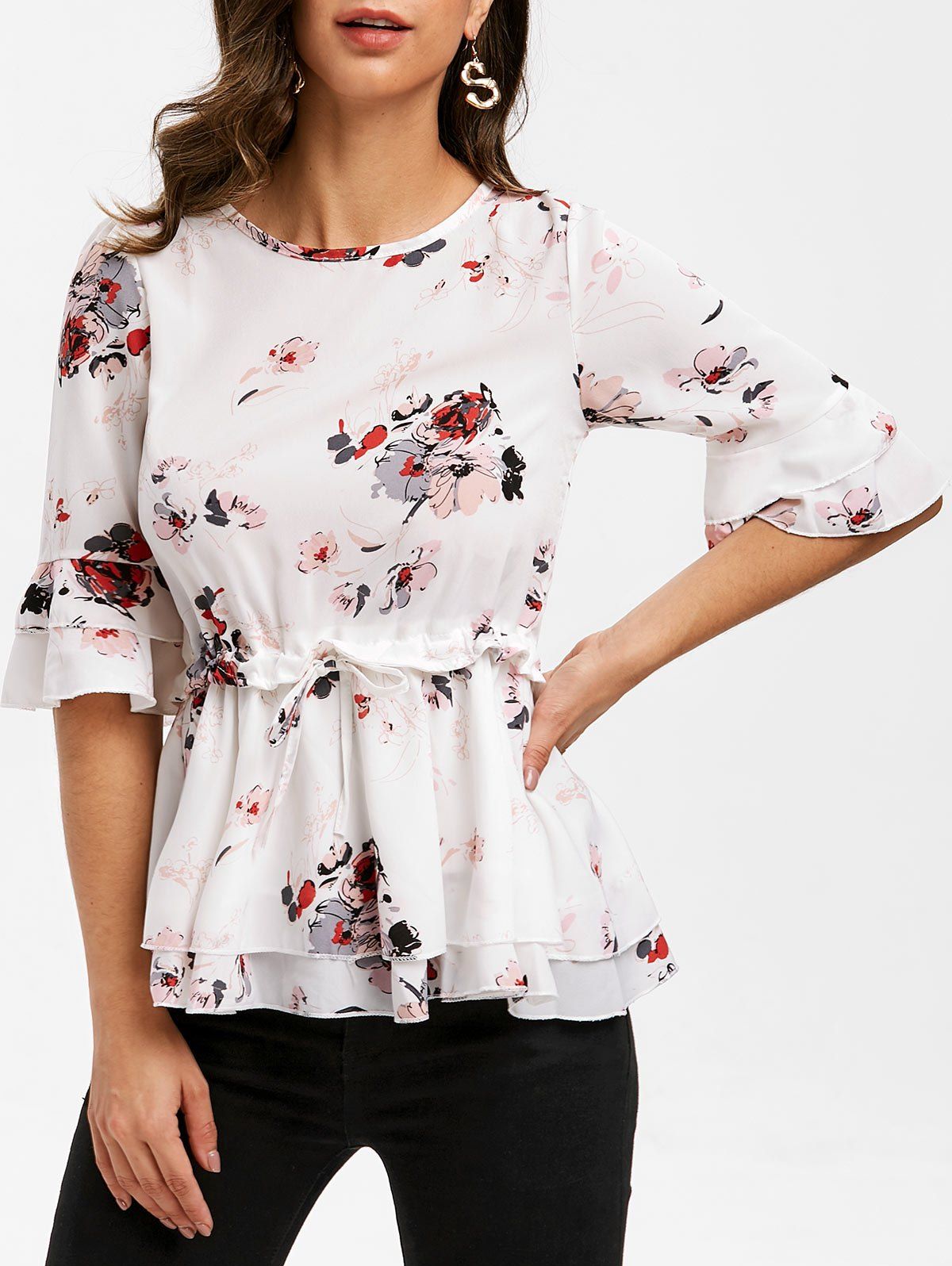 

Floral Print Half Sleeves Drawstring Blouse, White