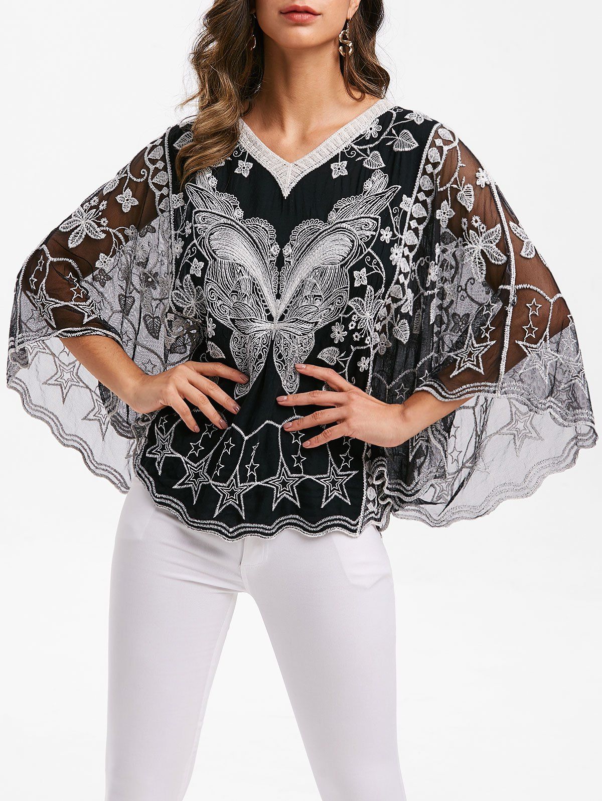

Mesh Panel Butterfly Swing Blouse, Black