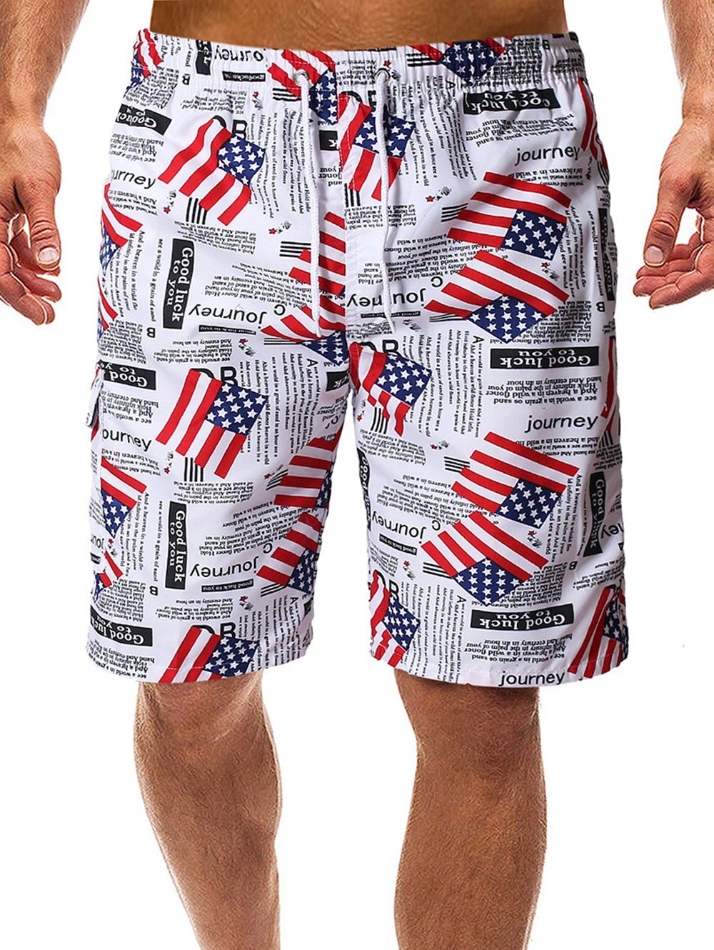 

American Flag Letters Print Beach Shorts, White
