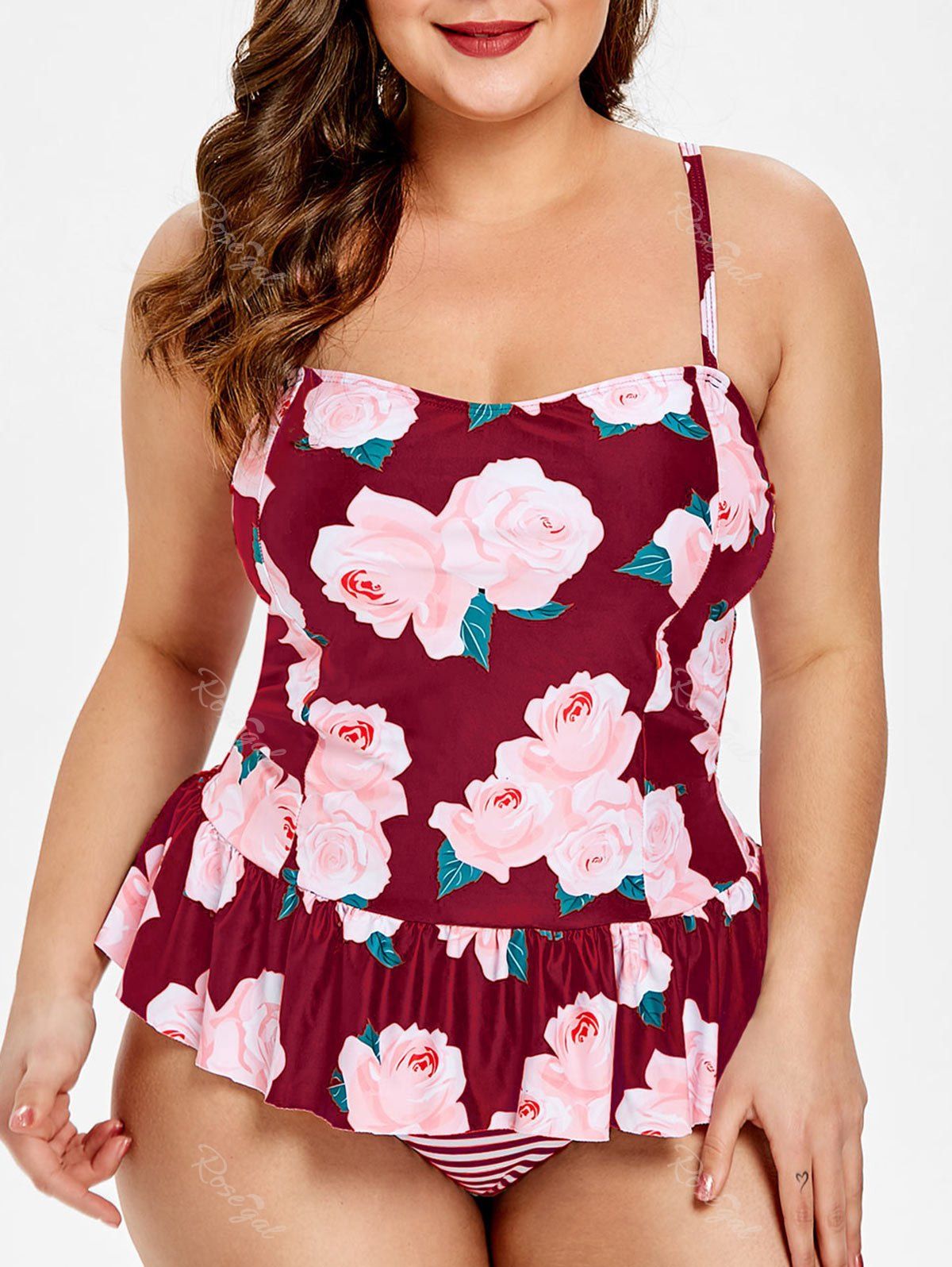 

Floral Plus Size Peplum Striped Tankini Set, Red wine